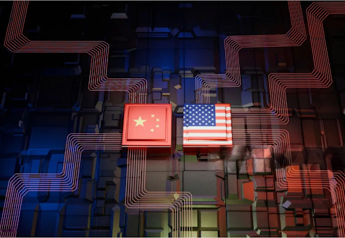 China and US flags on a processor chips