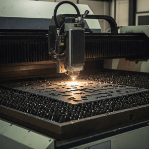 A machine is cutting a large sheet of metal, with sparks flying from the cutting edge. 