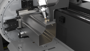 A machine engaged in the production of a metal part, illustrating advanced technology in metal fabrication. 