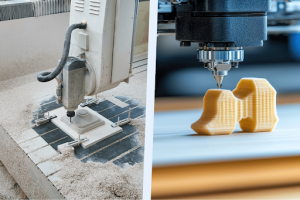  Two pictures depicting CNC machine and 3D printing machine in action