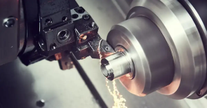 A CNC machine cutting metal on a worktable, showcasing precision in metal fabrication