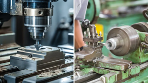 Two images of a CNC machine in operation, producing precise metal parts for manufacturing