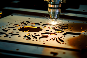 A laser cutting machine precisely cuts through a metal plate