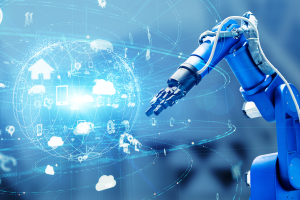  A futuristic office with robots and AI technology enhancing productivity