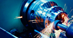 Detailed view of a cnc machine with sparks flying