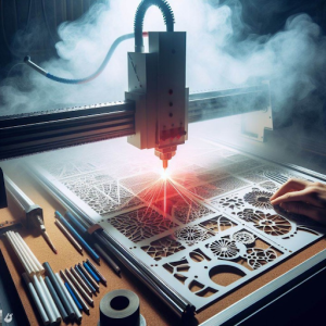 A person operates a laser cutting machine, precisely cutting a piece of paper in a workshop setting. 