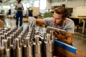 a worker inspecting fabricated products