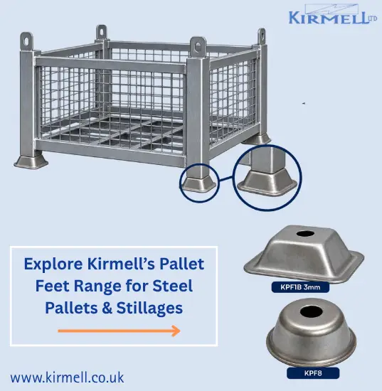 steel stillage fitted with Kirmell pallet feet KPF1B and KPF8
