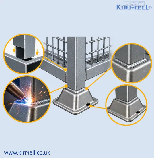 kirmell-steel-cage-pallet-feet-welding-and-square-tube-assembly