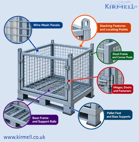 wire-mesh-pallet-cage-components-frame-panels-feet-hinges-supports